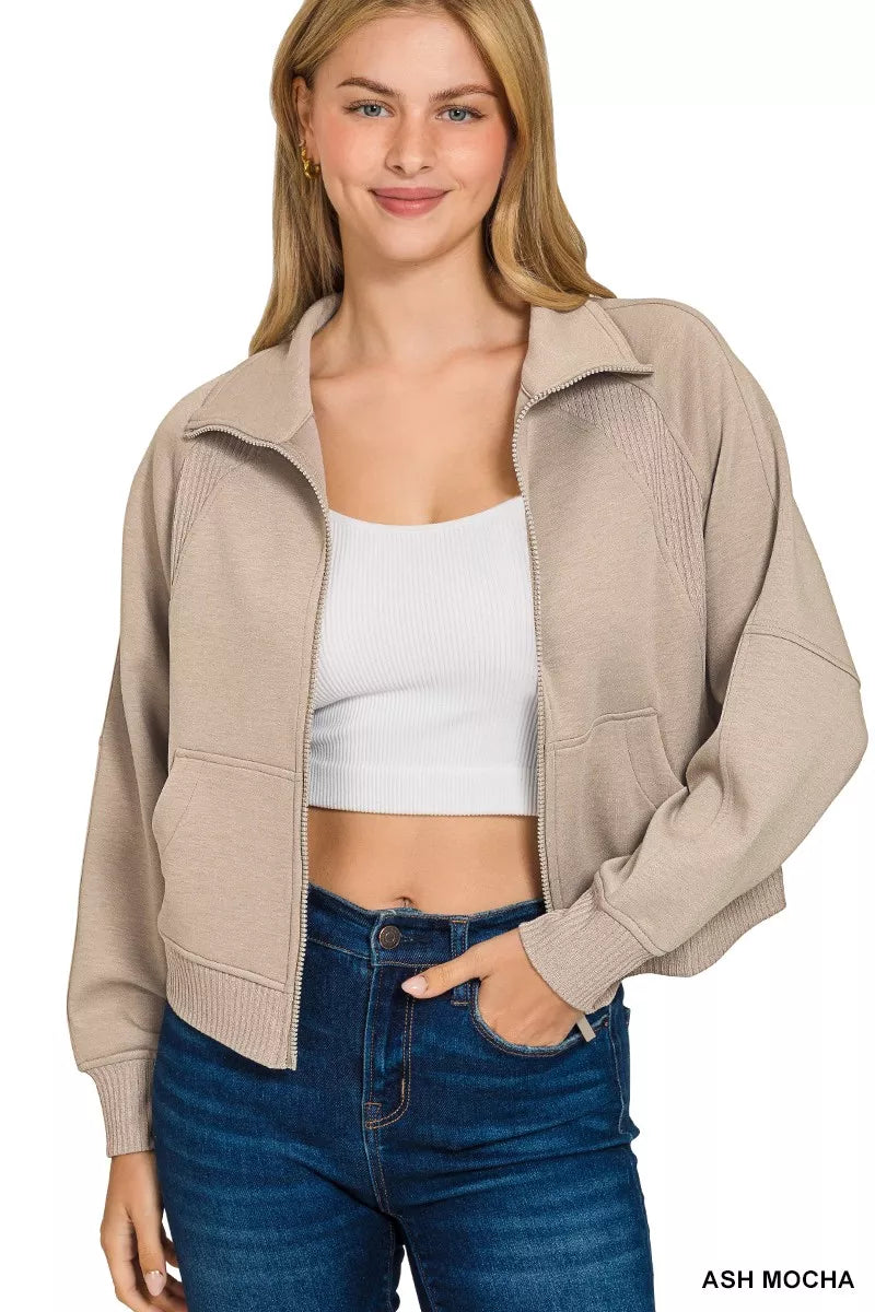 Ash Mocha Zenana Scuba Full Zip Cropped Jacket With Pockets 1