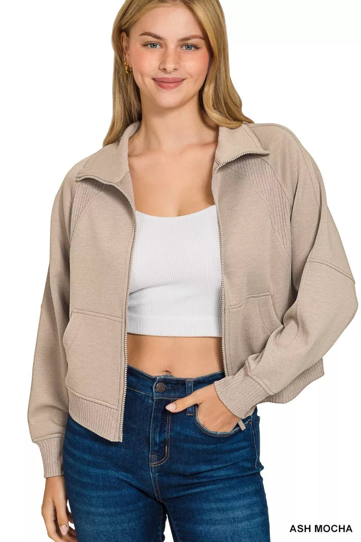 Ash Mocha Zenana Scuba Full Zip Cropped Jacket With Pockets 1