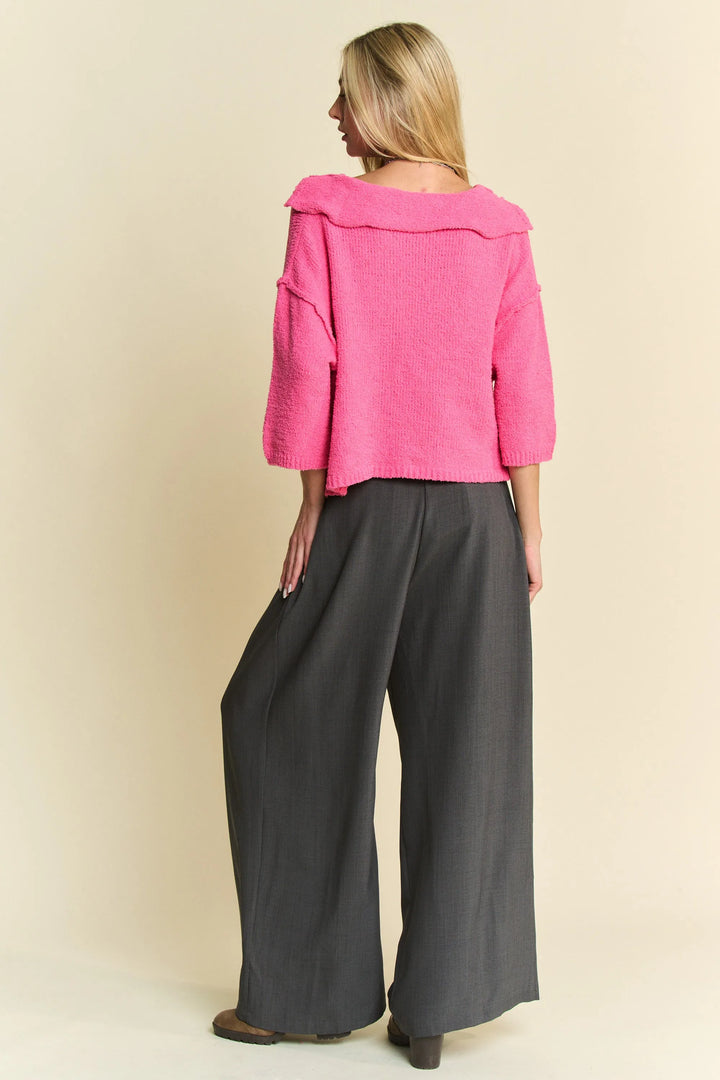 Davi Dani Solid Back Pocket Shirring Detail Wide Leg Pants