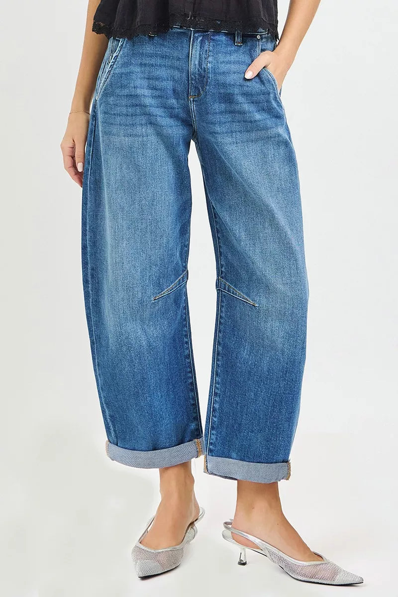 Medium Risen Slouchy Cropped Barrel Jeans With Cuffed Hem