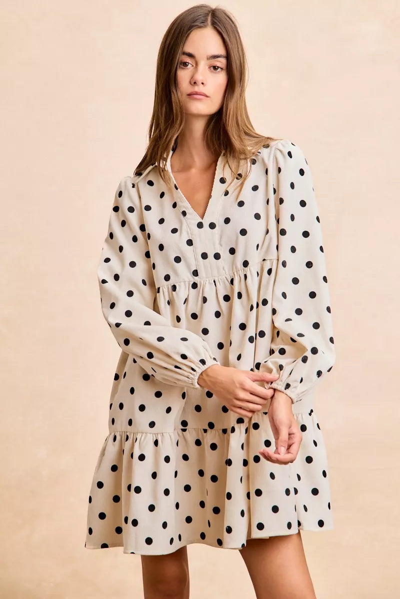 Bibi Polka Dot Corduroy Collared V Neck Dress
