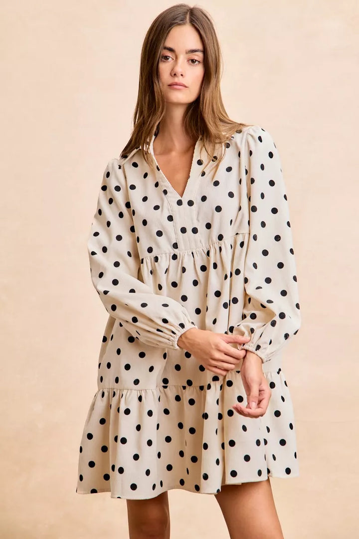 Bibi Polka Dot Corduroy Collared V Neck Dress
