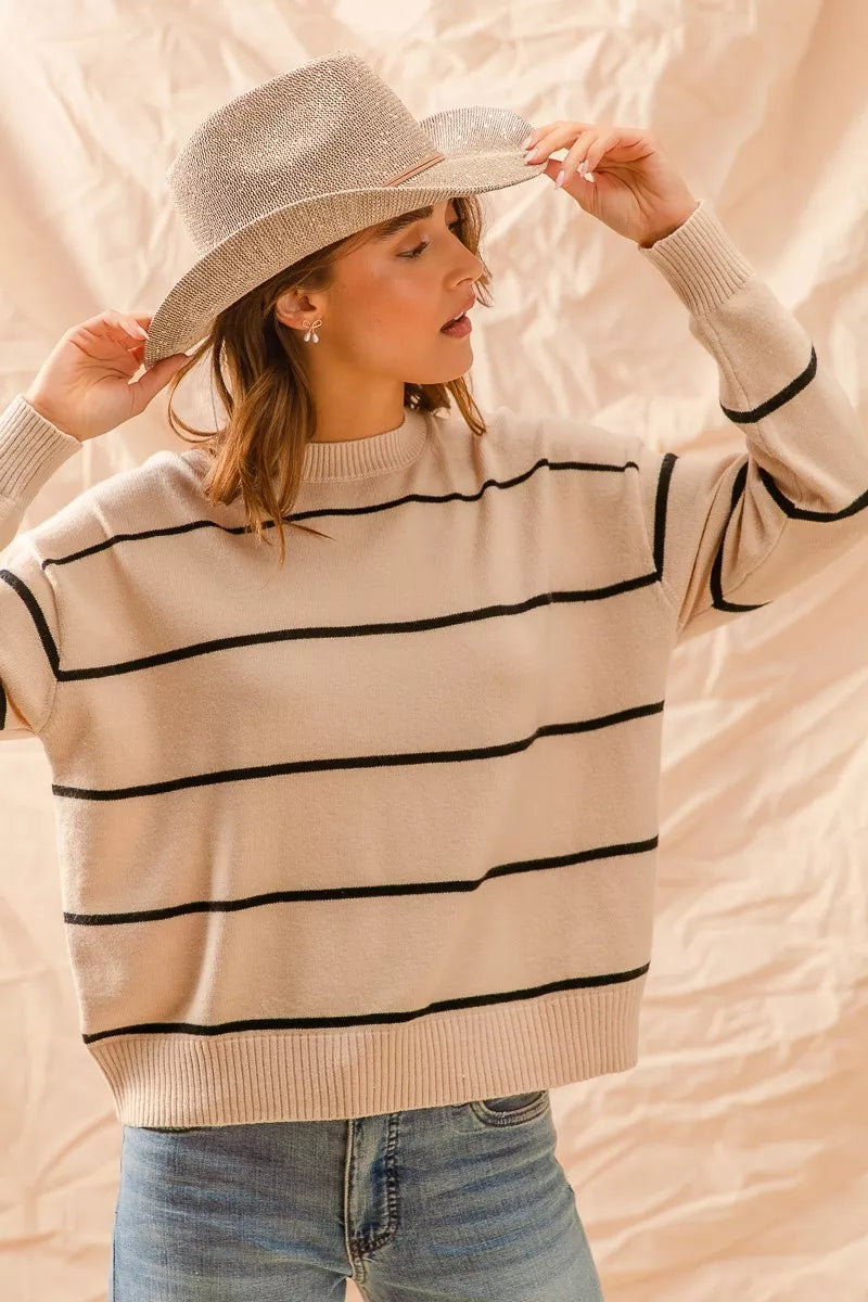 Oatmeal/Black So Me Stripe Crew Neck Basic Essential Sweater