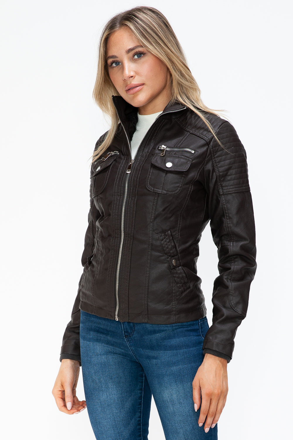 Ymi Removable Faux Layered Multi Pocket Jacket With Fuzzy Hood 3