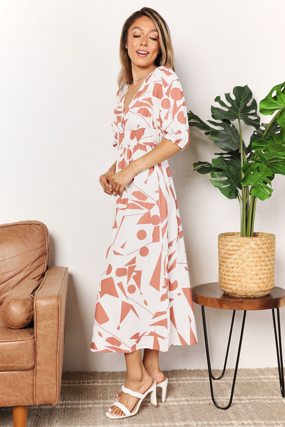 Camel Printed Surplice Balloon Sleeve Dress