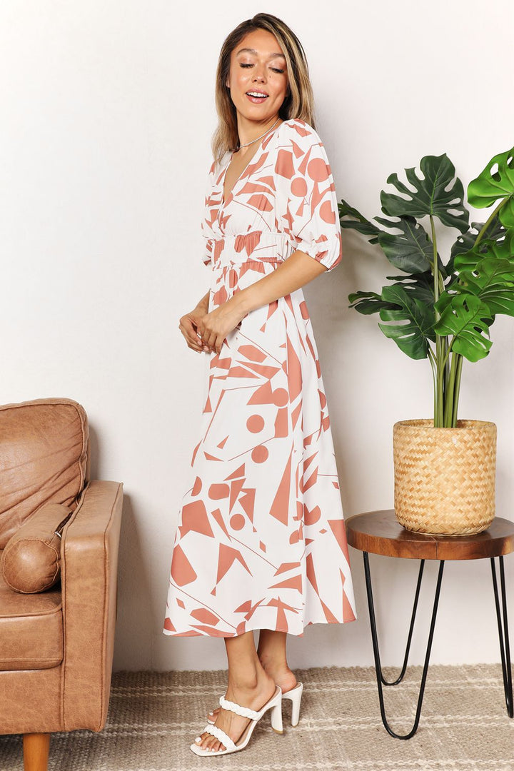 Camel Printed Surplice Balloon Sleeve Dress