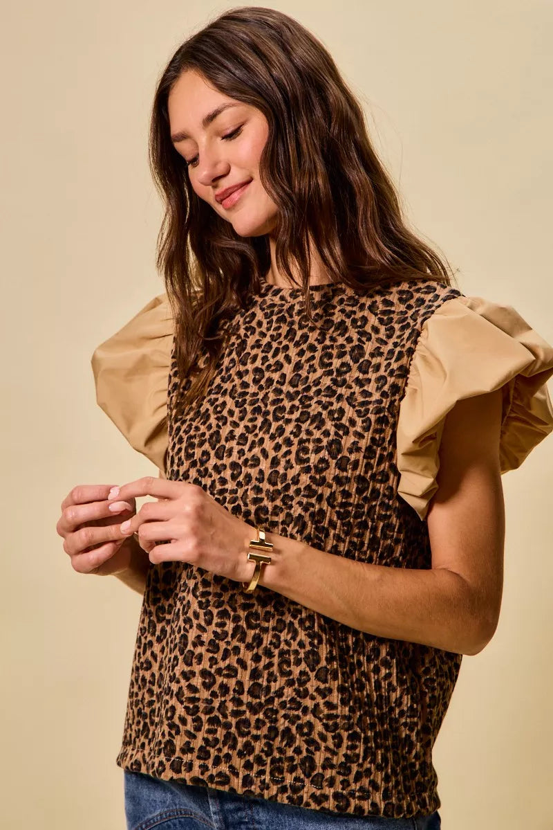 So Me Leopard Pointelle Knit Top With Puff Sleeves