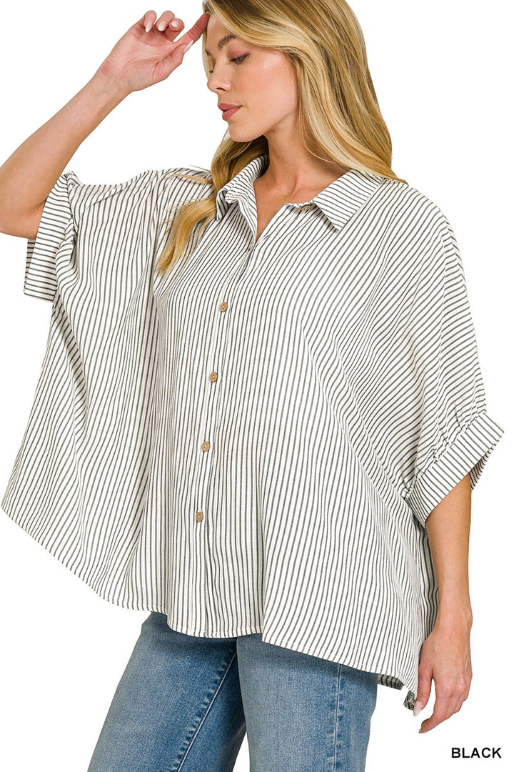 Black Zenana Full Size Woven Stripe Button Down Boxy Shirt Plus Size