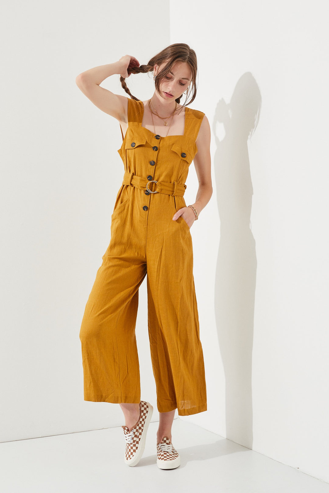 Black Sleeveless Square Neck Button Down Ankle Jumpsuit
