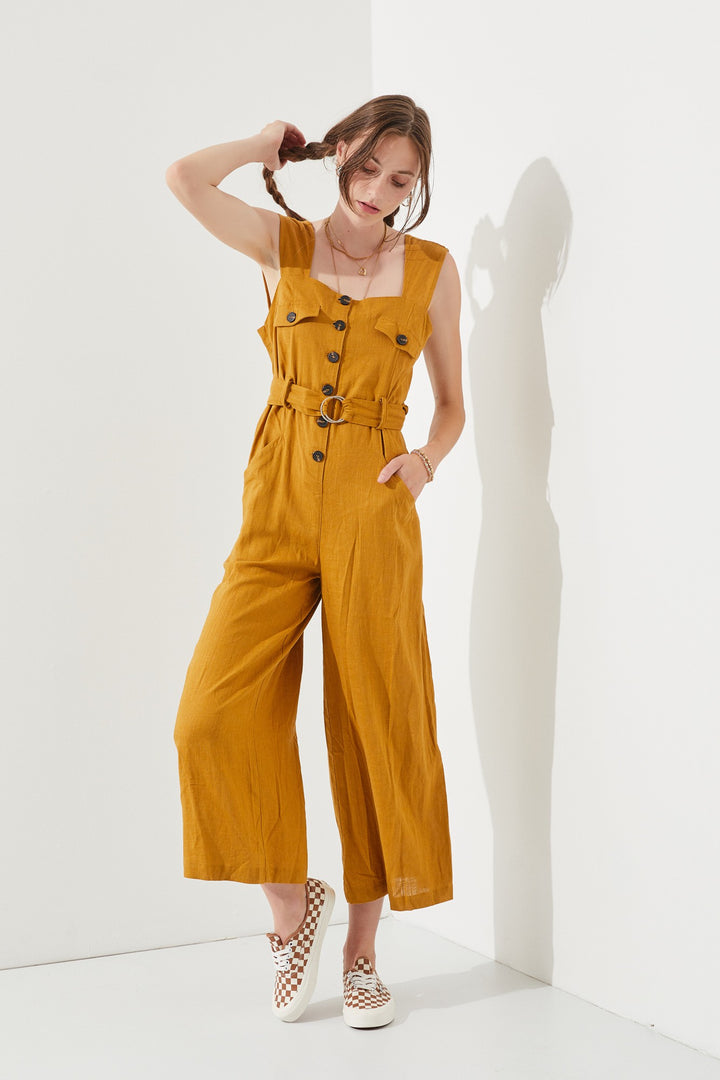 Black Sleeveless Square Neck Button Down Ankle Jumpsuit
