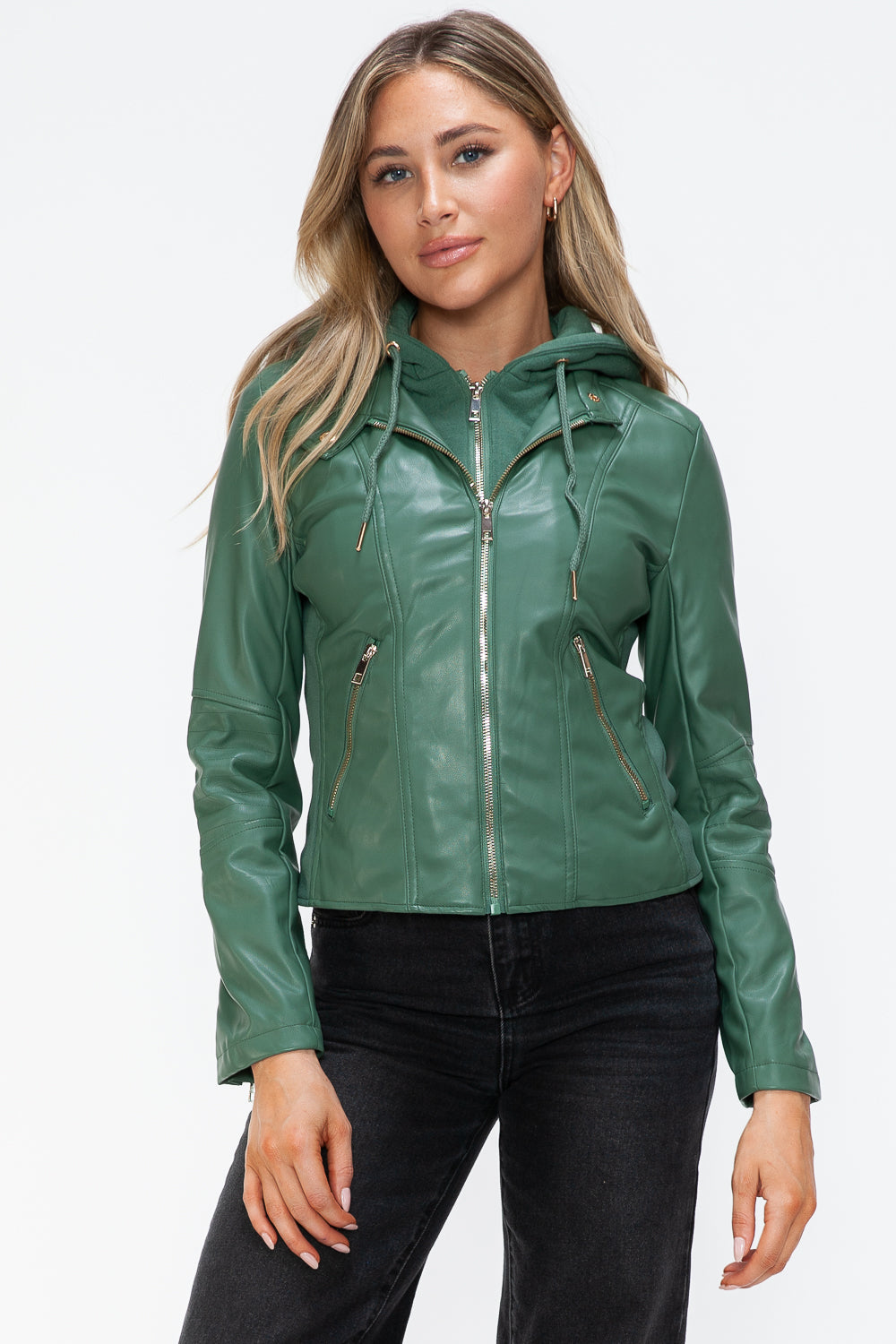 Sage Snobbish Faux Leather Zip Up Drawstring Hooded Jacket