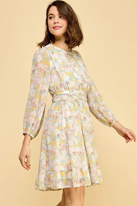 Blue Floral Lime N Chili Chiffon Floral Print Belted Dress With Back Zipper