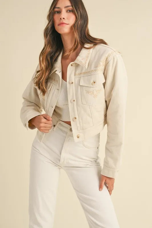 Taupe Mable Embroidered Quilted Cropped Jacket