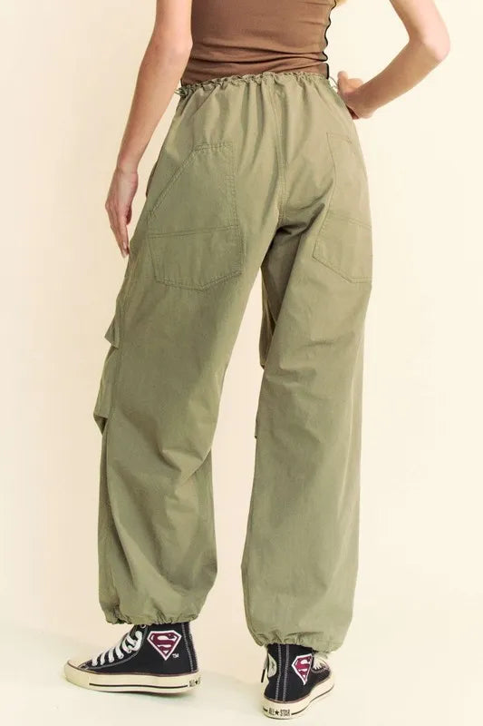 Olive Green Davi Dani Drawstring Baggy Pants With Pockets