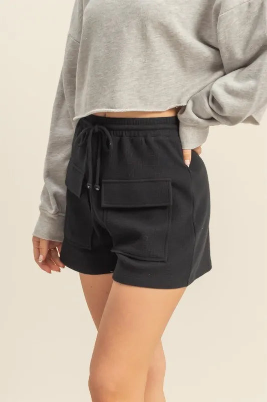 Black Hyfve Drawstring Waffle Knit Front Pocket Shorts 1