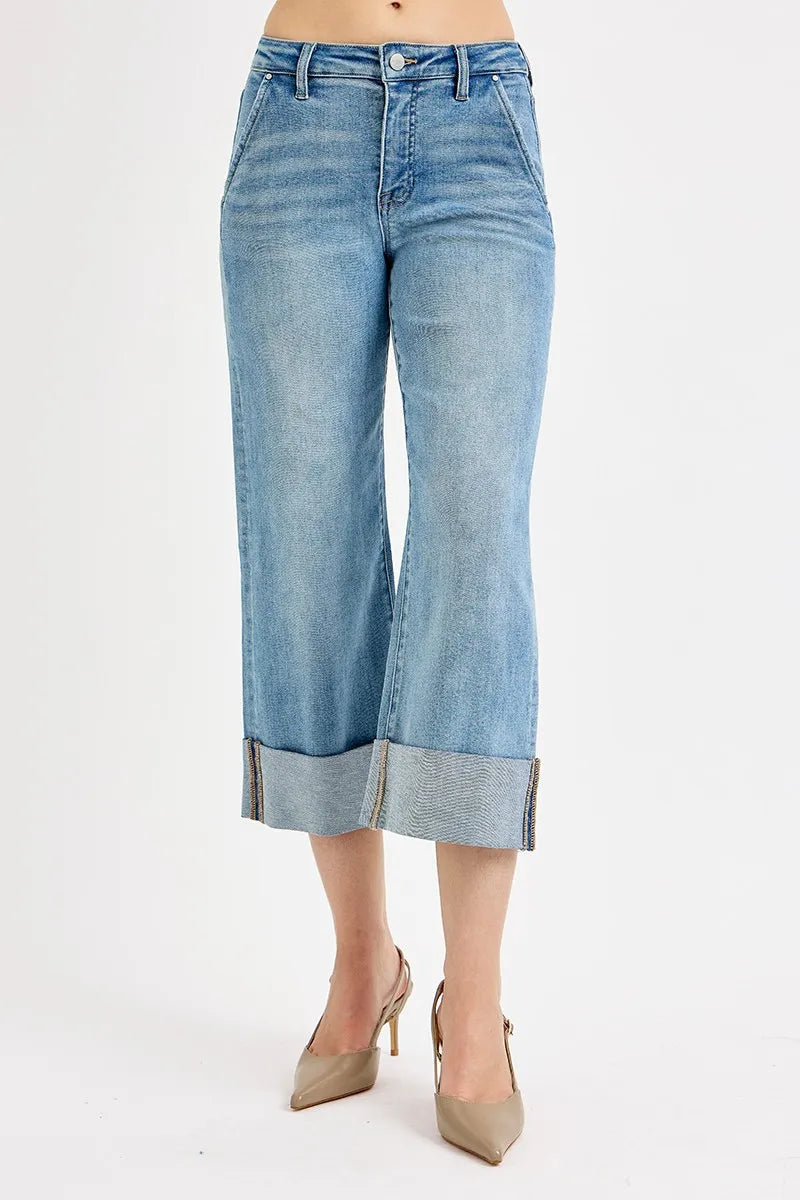 Medium Risen Full Size Tummy Control High Rise Ankle Wide Cuffed Jeans Plus Size