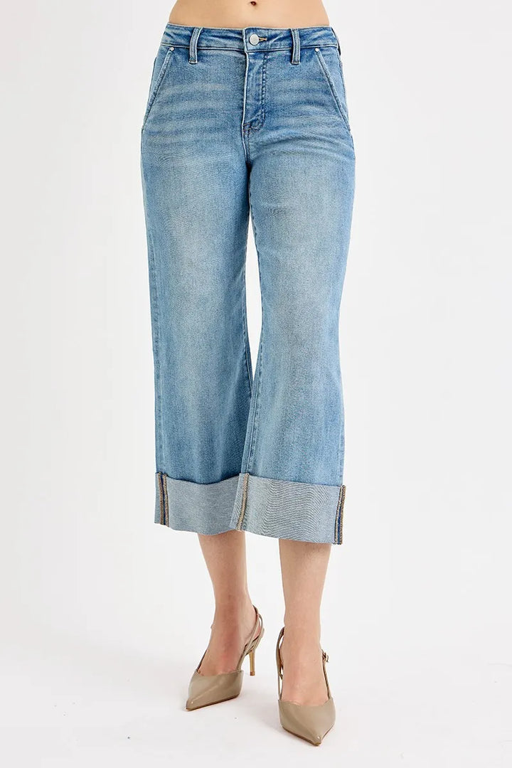 Medium Risen Full Size Tummy Control High Rise Ankle Wide Cuffed Jeans Plus Size