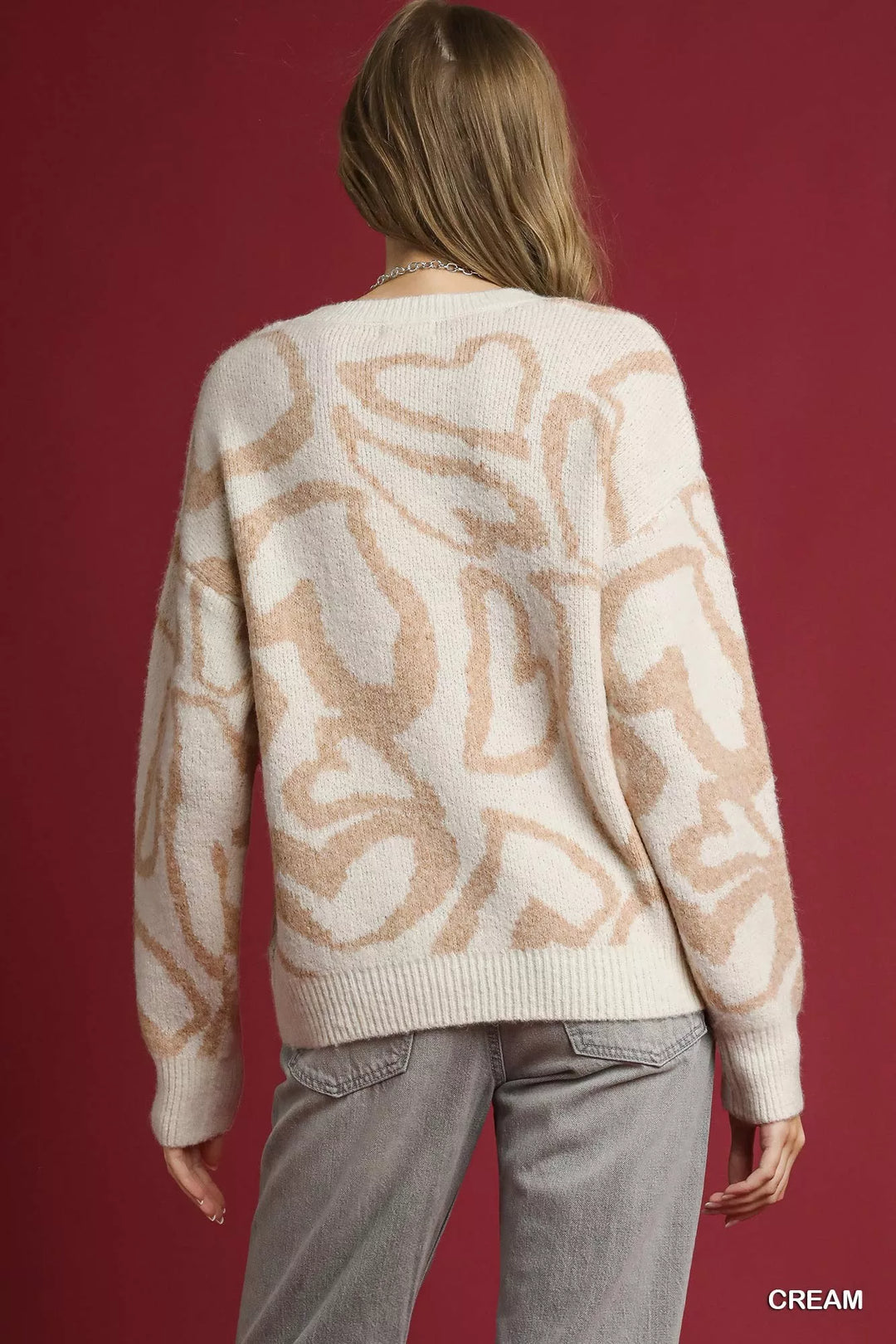 Cream Umgee Heart Print Crew Neck Sweater 1