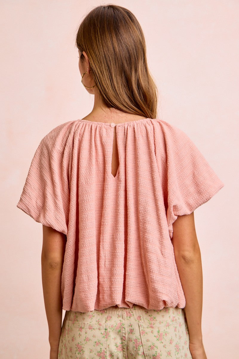 Bibi Stripes Textured Shirred Neckline Bubble Hem Top