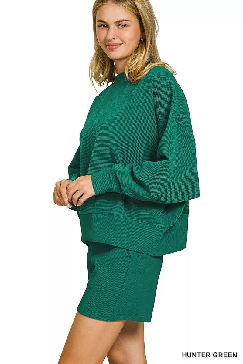 Hunter Green Zenana Ribbed Round Neck Pullover And Shorts Set 4