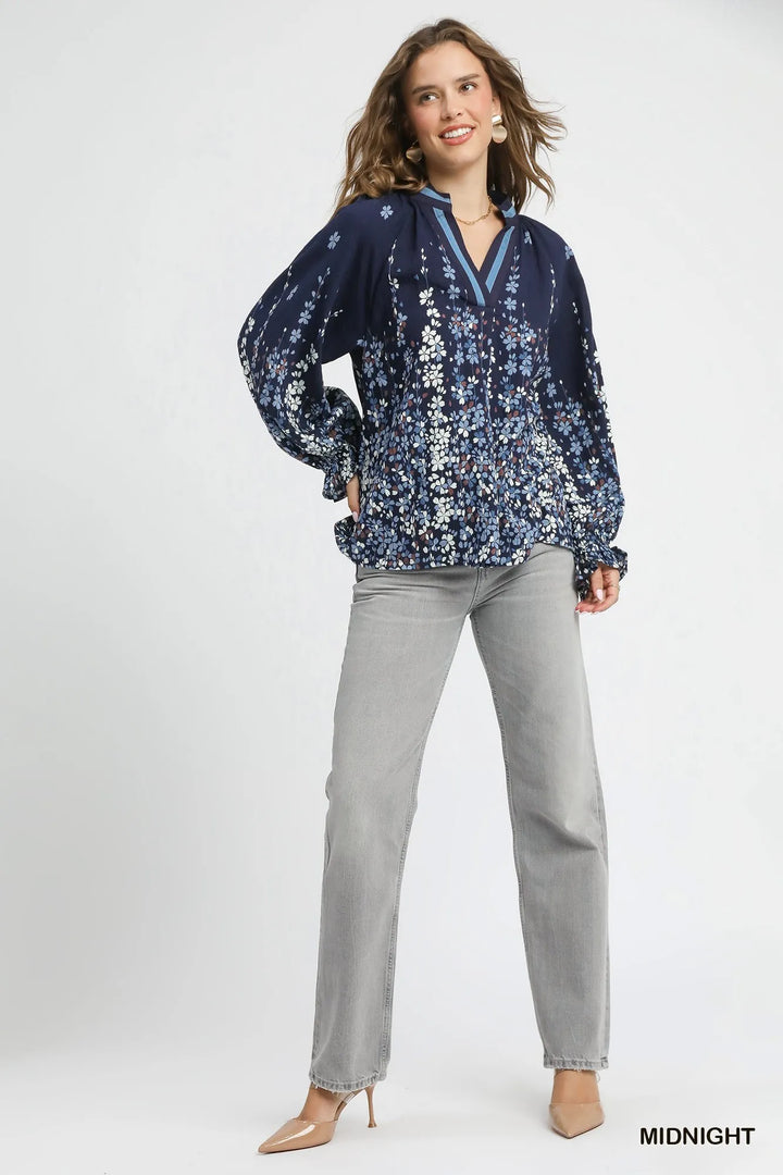 Midnight Umgee Full Size Floral Vine Print Blouse With Balloon Sleeves Plus Size 1