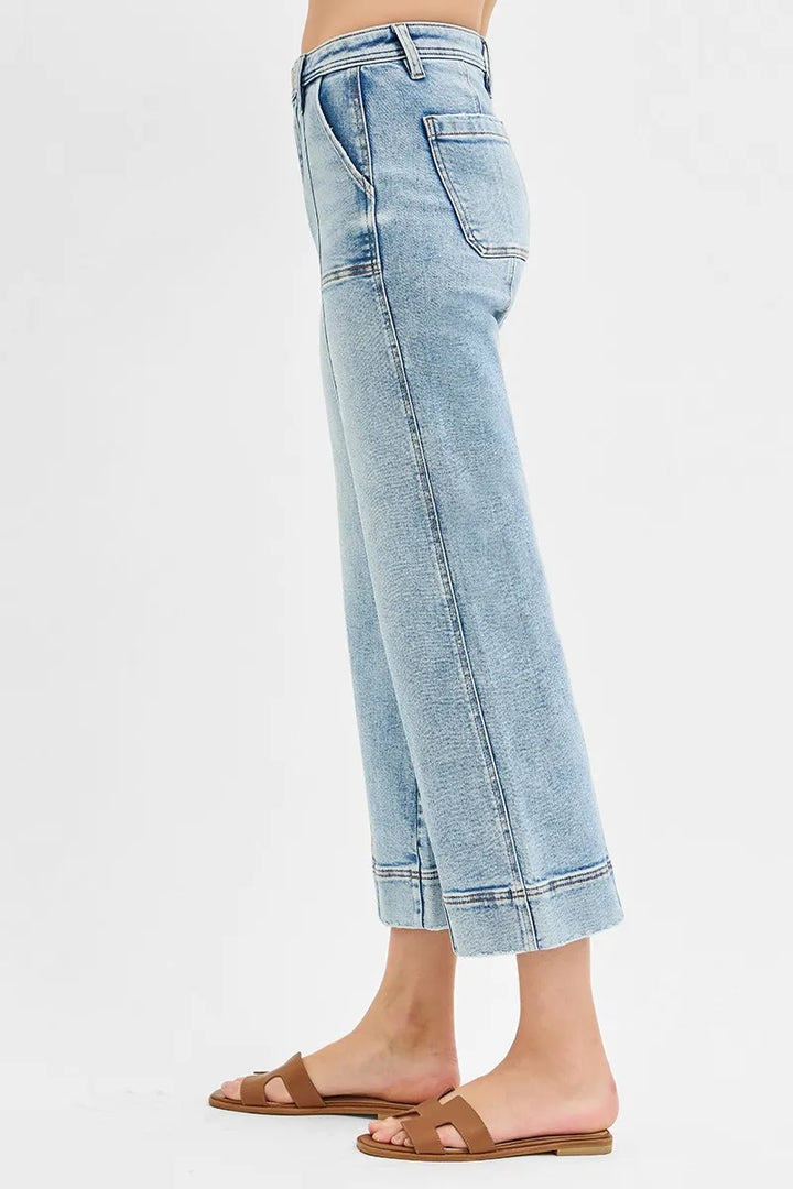 Light Risen Full Size High Rise Crop Wide Front Seam Detailed Jeans Plus Size