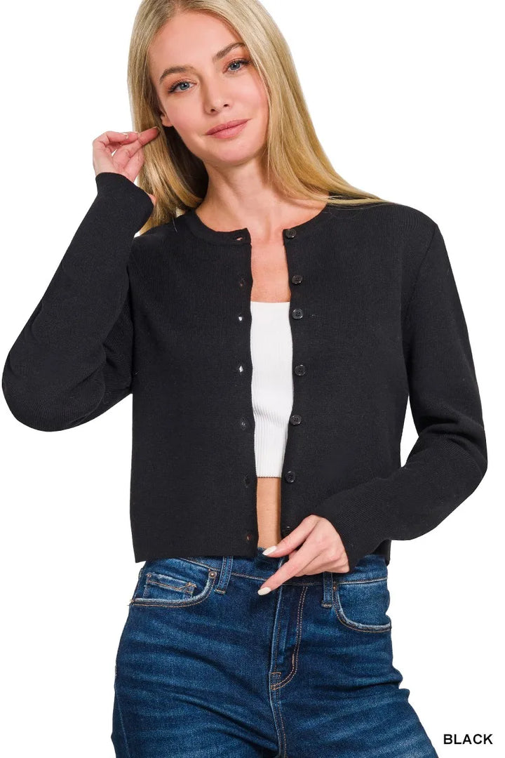 Black Zenana Button Front Crewneck Long Sleeve Cropped Cardigan 1