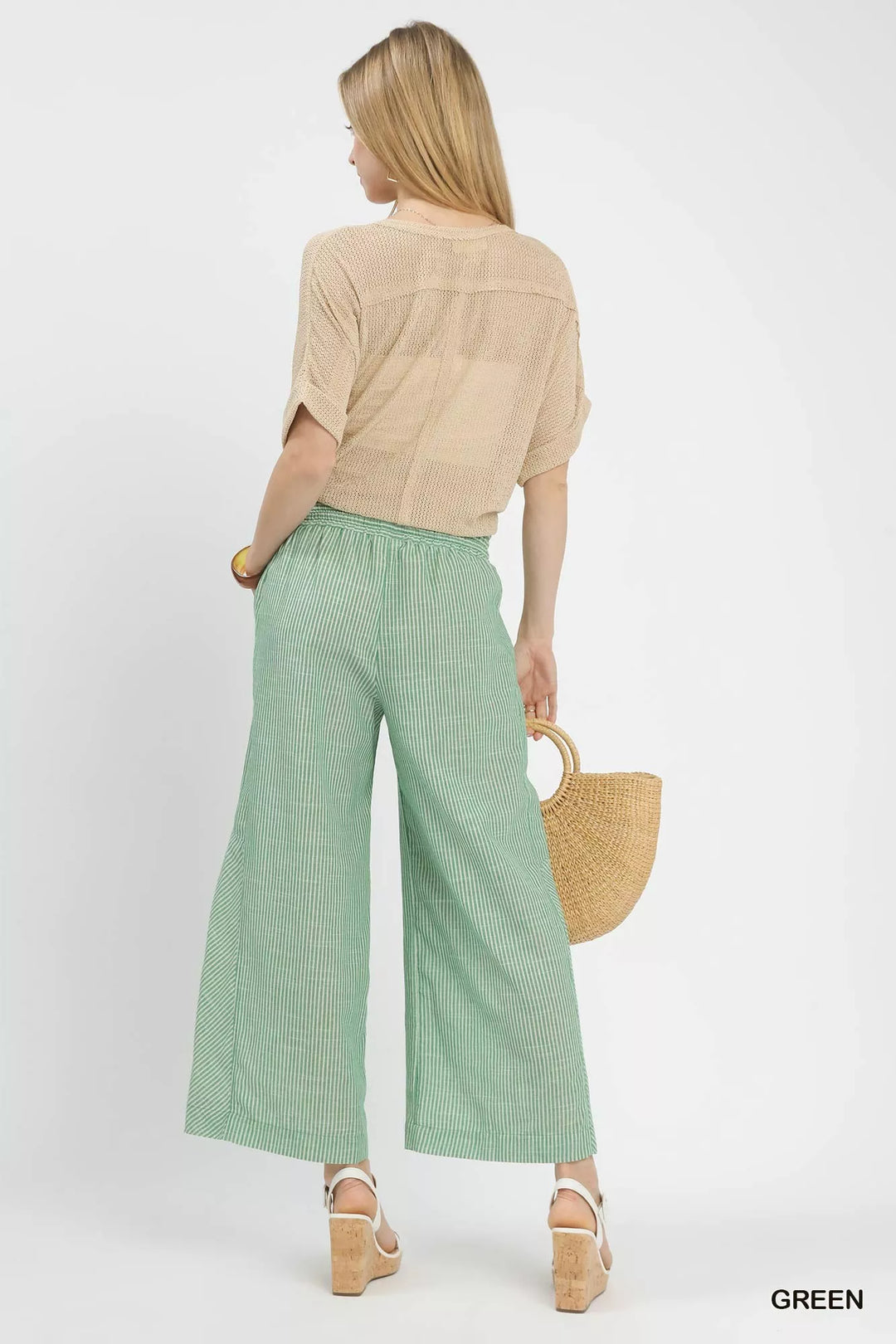 Green Umgee Linen Blend Striped Wide Leg Pants 1