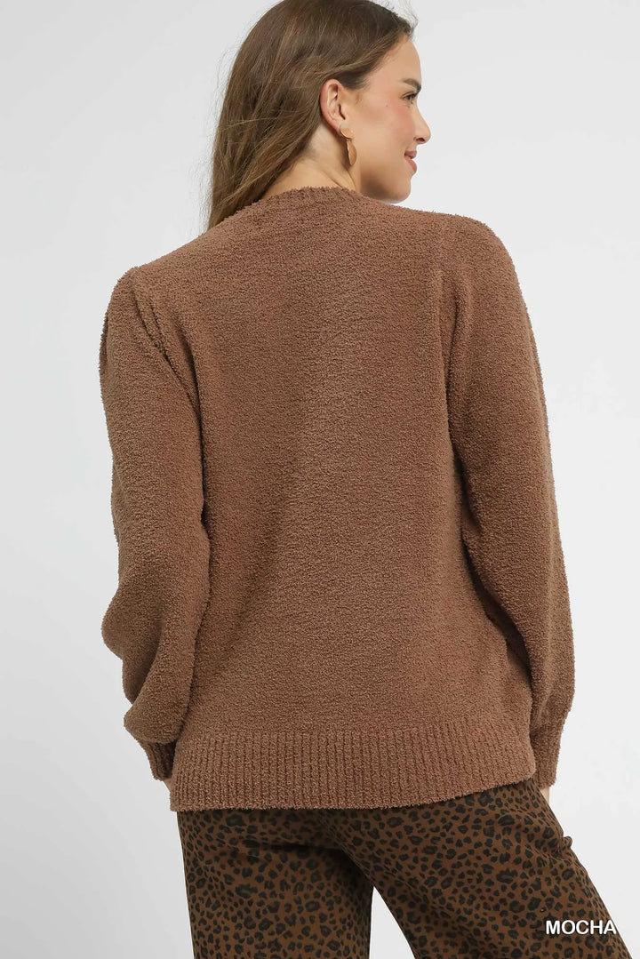 Mocha Umgee Textured Long Sleeve Sweater With Ribbed Trim