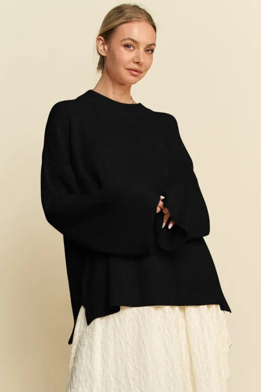 Black Davi Dani High Low Round Neck Drop Shoulder Sweater