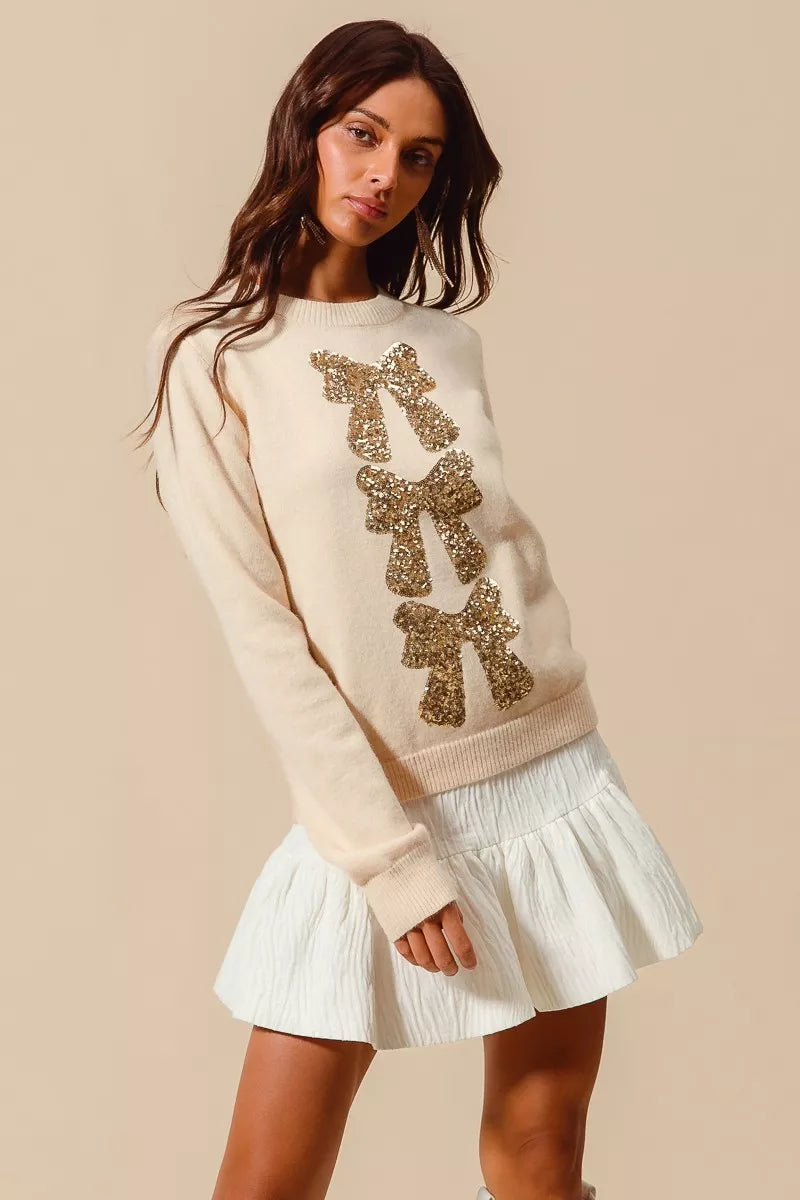 So Me Sequins Bow Ribbon Embellished Christmas Sweater