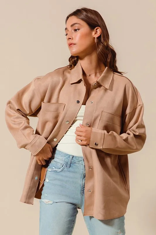 Camel So Me Faux Sued Snap Shacket With Collar And Pockets