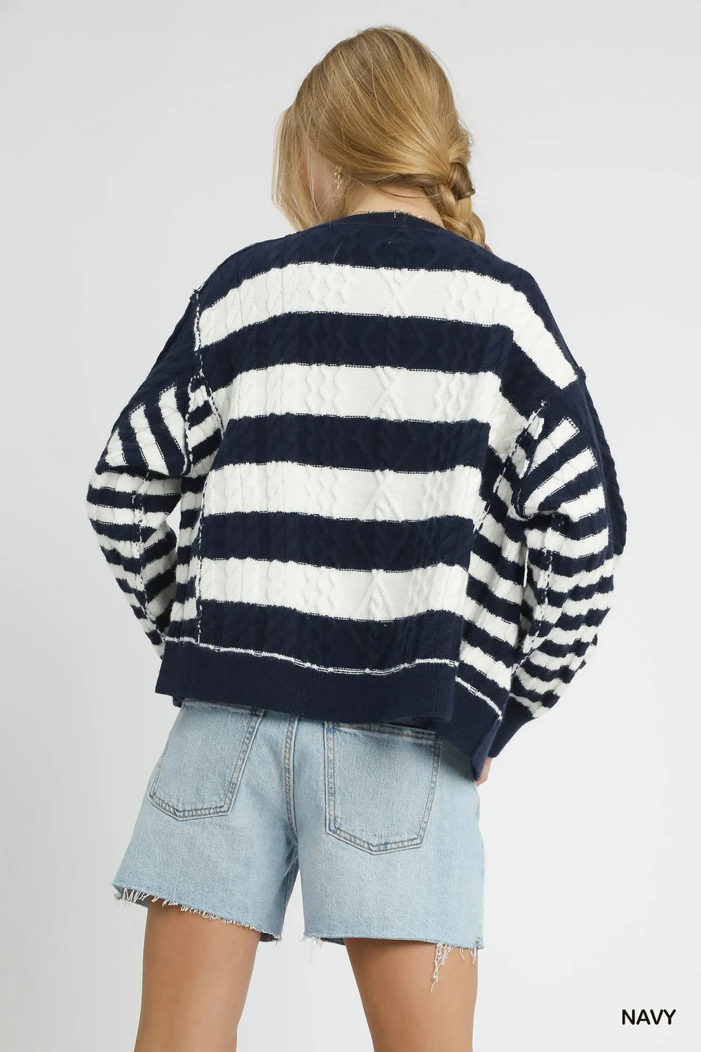 Navy Umgee Cable Knit Stripe Button Up Cardigan 2