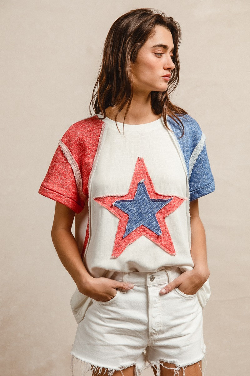 White/Red/Navy Bibi Contrast French Terry Cut Edge Detail Fourth Of July Theme T Shirt
