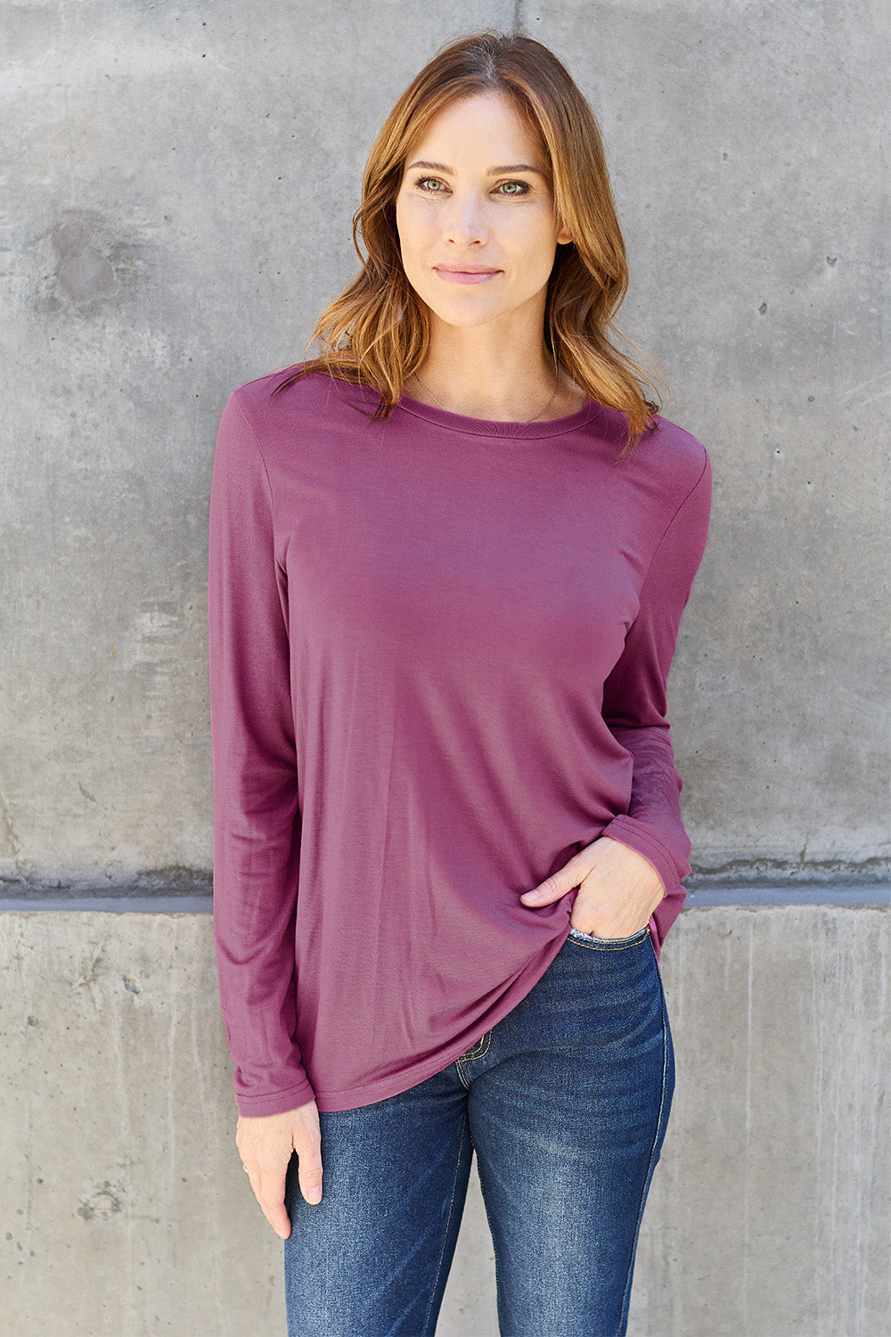 Mauve Basic Bae Full Size Round Neck Long Sleeve Top
