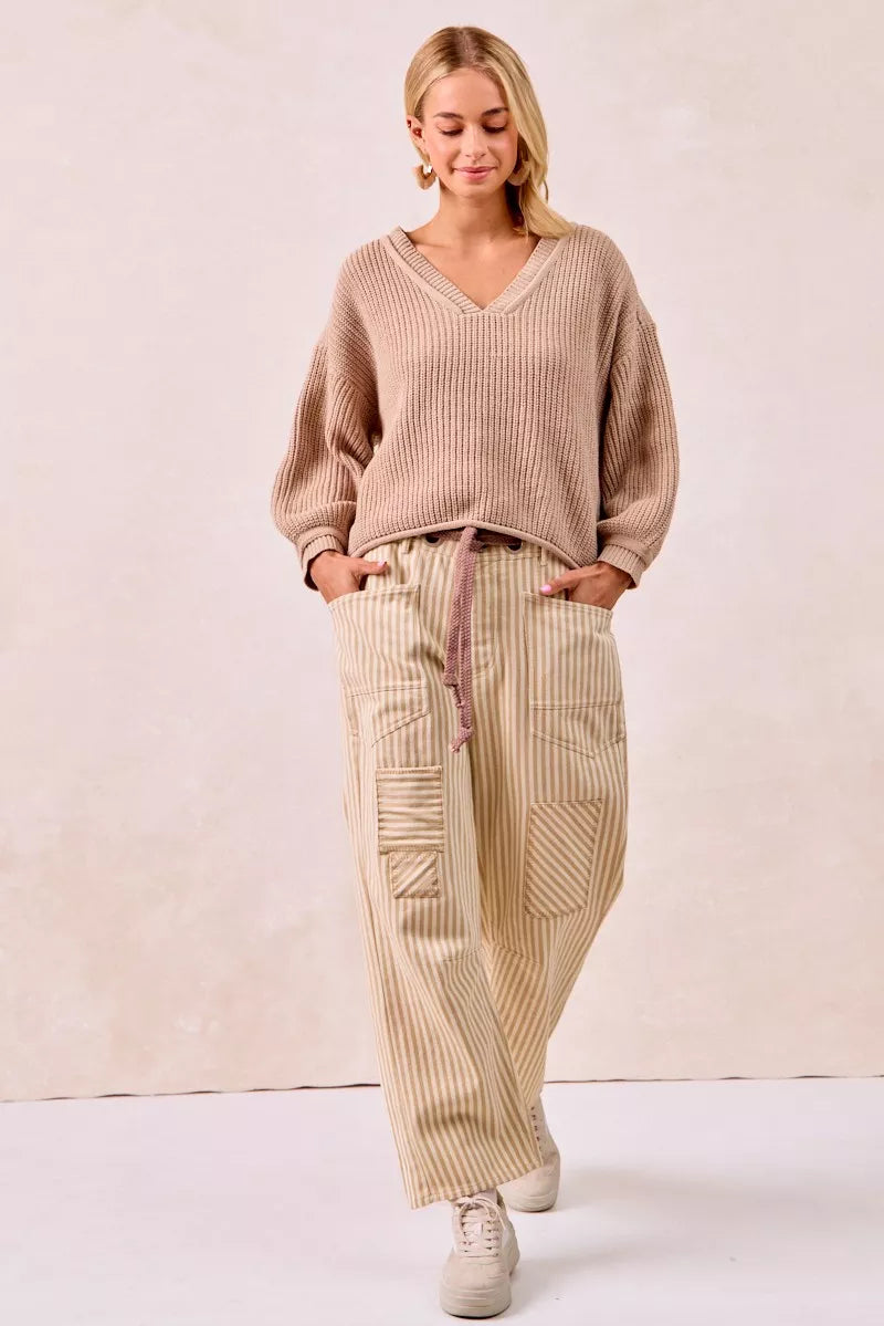 Bibi Drawstring Striped Twill Barrel Pants 2