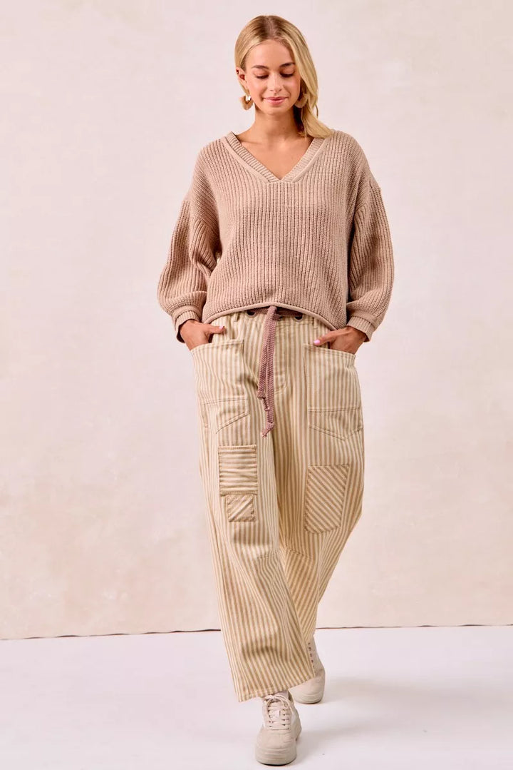 Bibi Drawstring Striped Twill Barrel Pants 2