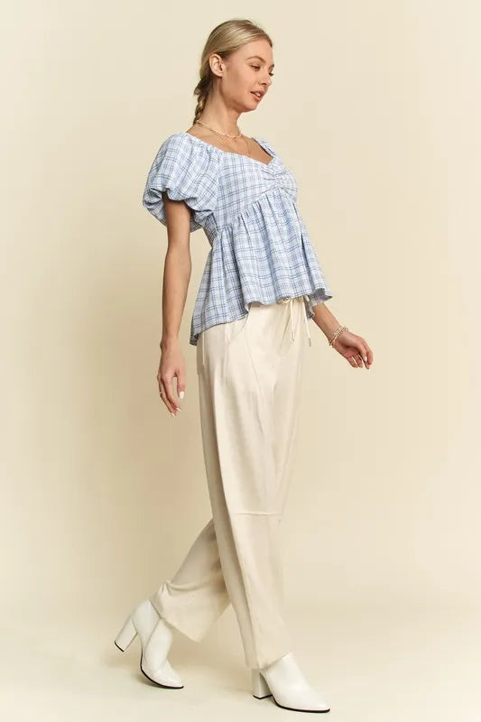 Davi Dani Plaid Puff Sleeves Ruffled Smocked Blouse