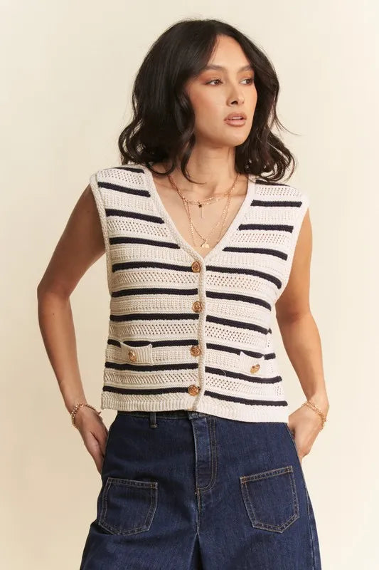 White Davi Dani Sleeveless Cropped Striped Sweater Knit Vest Top