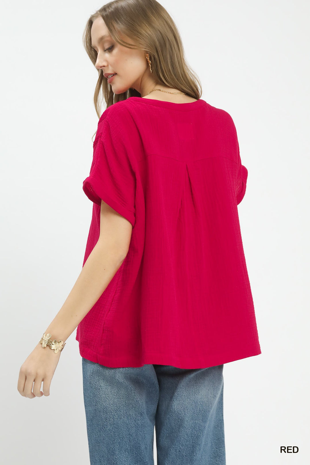 Red Umgee Textured Gauze Split Neck Boho Blouse