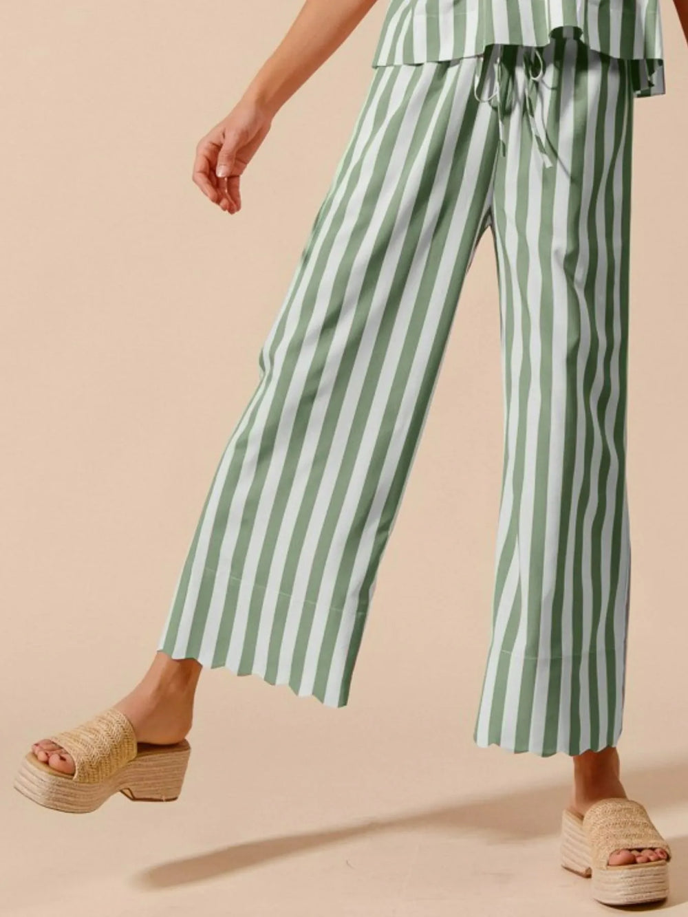 Sage So Me Front Tie Stripe Puff Sleeves Top And Wide Leg Pants Set