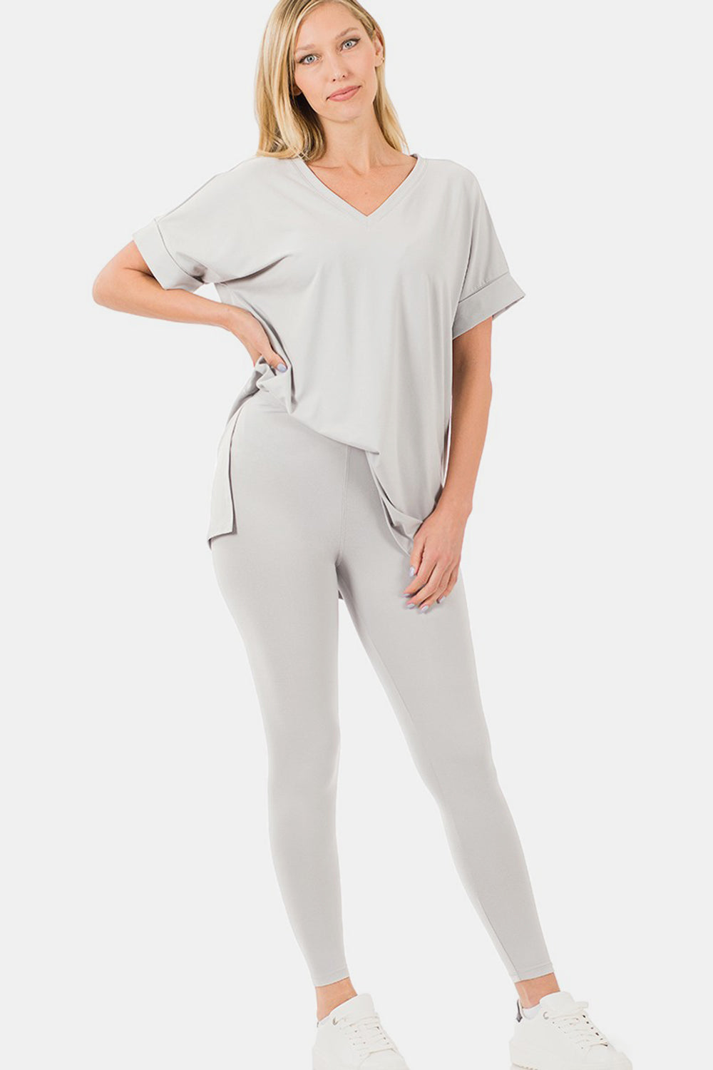 Lt Cement Zenana V Neck Rolled Short Sleeve T Shirt And Leggings Lounge Set 1