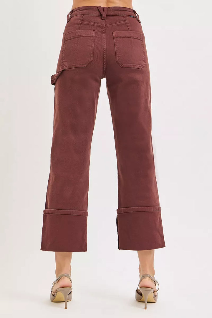Choco Brown Risen Full Size High Rise Wide Straight Cuffed Patch Jeans Plus Size