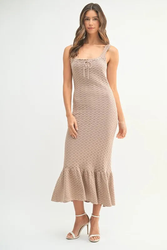Mocha Mable Ruffled Hem Sleeveless Crochet Knit Midi Dress 1