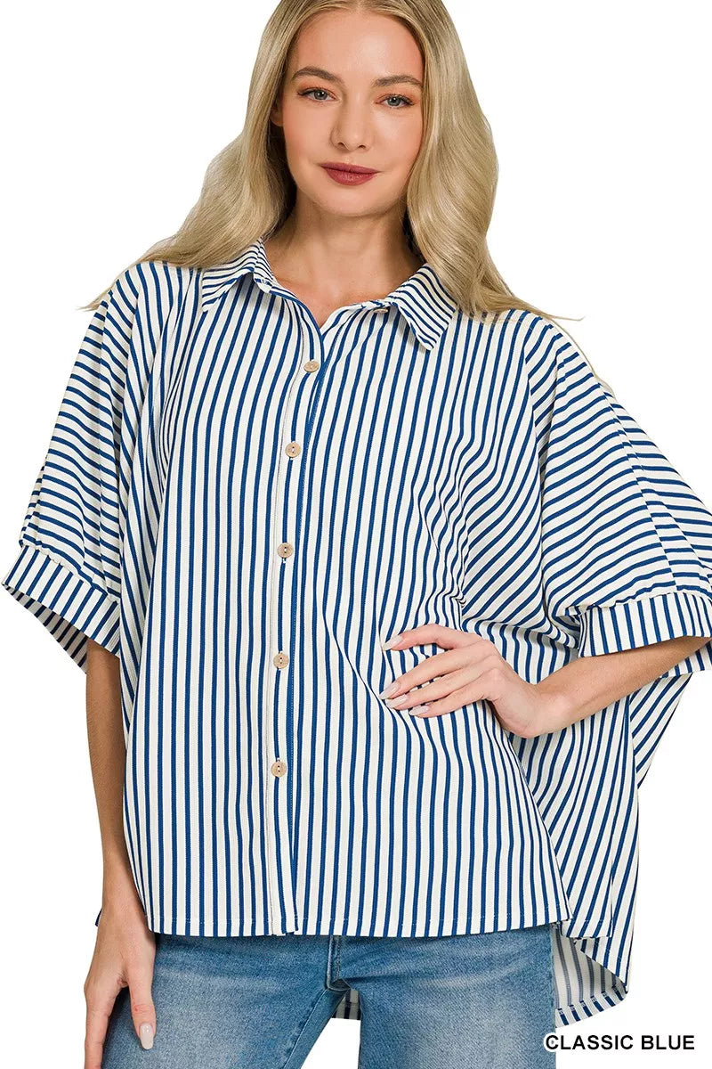Classic Blue Zenana Oversized Stripe Button Down Shirt 1