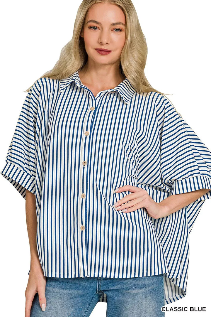 Classic Blue Zenana Oversized Stripe Button Down Shirt 1