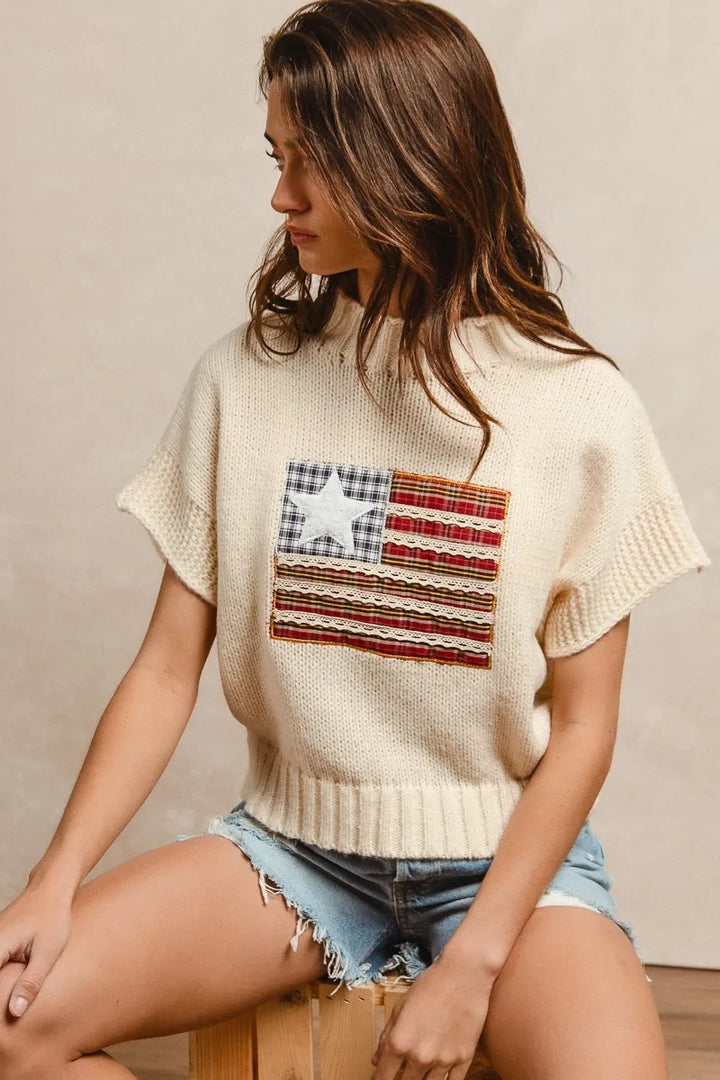 Bibi American Flag Patchwork Drop Shoulder Sweater