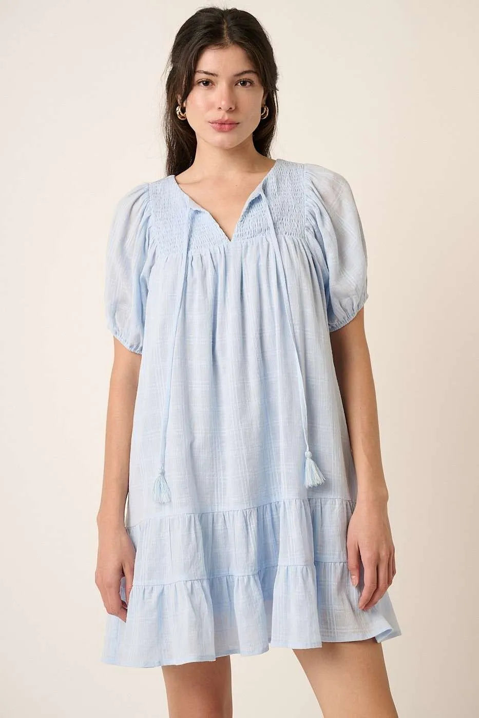 Blue Mittoshop Tassel Tie Plaid Gauze Short Sleeve Mini Dress 1