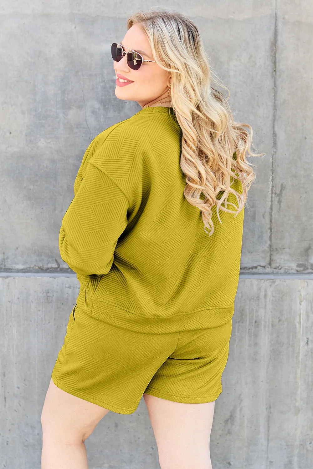 Tan Double Take Full Size Texture Long Sleeve Top And Drawstring Shorts Set