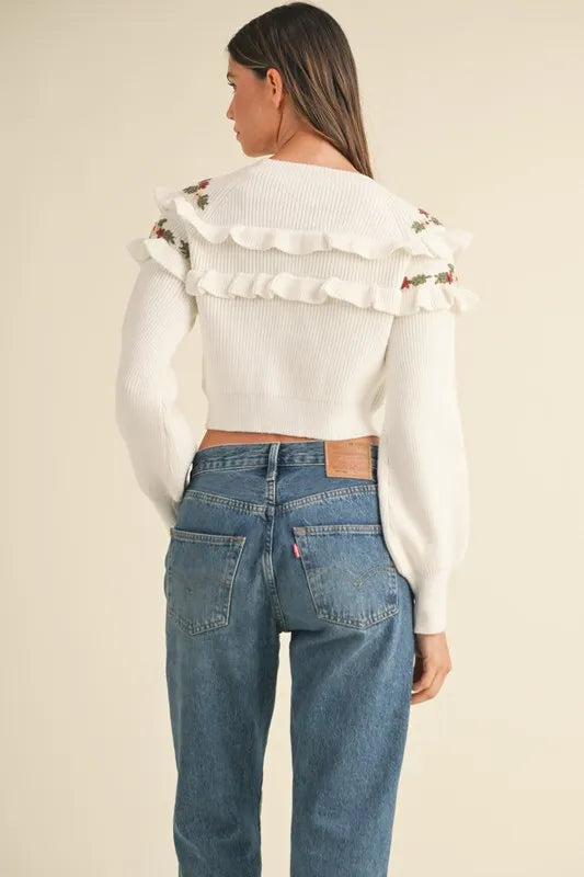 Mable Floral Embroidered Ruffle Detail Sweater